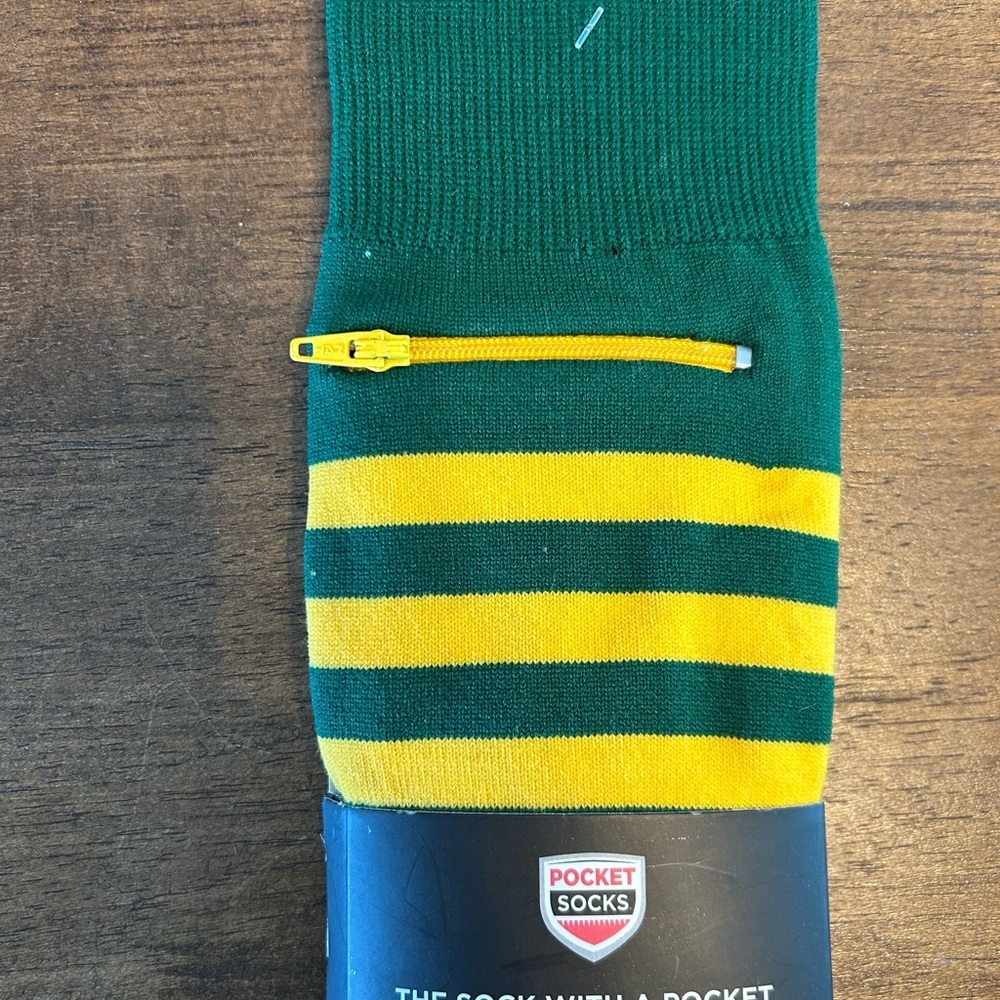 Pocket Socks Men's Green and Yellow Striped Packer Crew Socks NWT - Picture 2 of 3